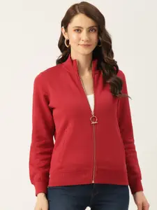 Madame Women Red Mock Collar Front-Open Sweatshirt