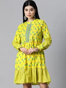 HIGHLIGHT FASHION EXPORT Women Yellow & Blue Floral Print Fit & Flare Dress