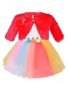 Wish Karo Girls White & Red Applique Fit & Flare Dress With Jacket