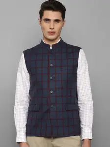 Louis Philippe Men Navy Blue & Maroon Checked Woven Pure Wool Nehru Jackets