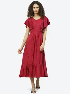 Biba Flutter Sleeves Fit and Flare Round Neck Midi Dress
