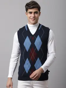 Cantabil Men Navy Blue & Blue Printed V-Neck Sweater Vest