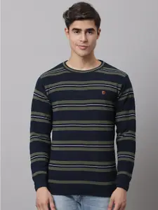 Cantabil Men Olive Green & Navy Blue Striped Striped Pullover