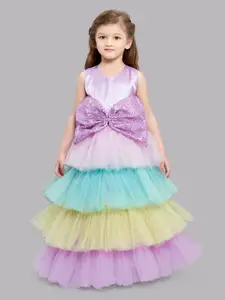 Pink Chick Girls Lavender & Yellow Colourblocked Net Layered Gown