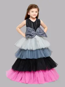 Pink Chick Girls Black & Grey Colourblocked Net Layered Gown