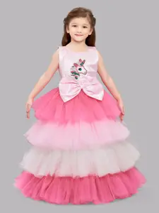 Pink Chick Girls Pink & Coral Embellished Colourblocked Layered Gown