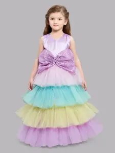 Pink Chick Girls Lavender & Yellow Colourblocked Net Layered Gown