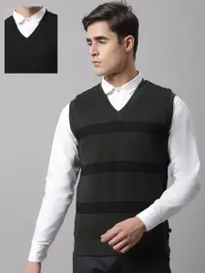 Cantabil Men Olive Green & Black Striped Striped Wool Pullover Sweater