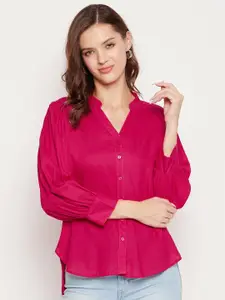 Ruhaans Women Fuchsia Classic Mandarin Collar Casual Shirt