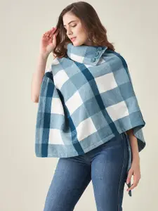 Modeve Women Teal & White Checked Acrylic Poncho