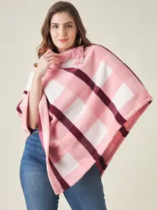 Modeve Women Pink & White Checked Acrylic Poncho