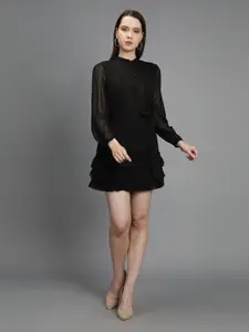 MINGLAY Women Black Chiffon A-Line Mini Dress