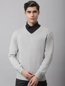 Cantabil Men Grey Solid V-Neck Pullover