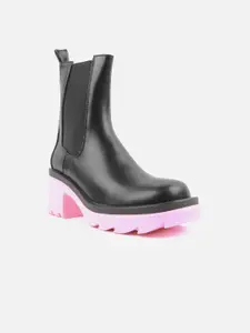 Carlton London Women Black & Pink Colourblocked Mid Top Block Heeled Boots