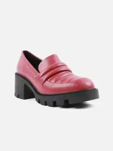 Carlton London Women Burgundy Textured Synthetic Patent Slip-On Block Loafers