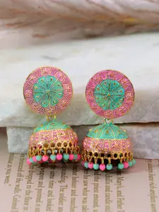 Crunchy Fashion Pink & Sea Green Gold-Plated Dome Shaped Jhumkas Earrings