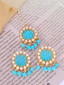 Crunchy Fashion Turquoise Blue & White Gold-Plated Kundan Maang Tika and Earrings