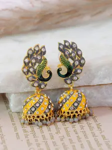 Crunchy Fashion Grey & Yellow Gold-Plated Peacock Shaped Jhumkas Earrings