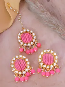 Crunchy Fashion Women Pink & White Gold-Plated Kundan Maang Tika and Earrings