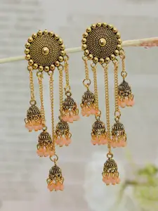 Crunchy Fashion Peach & Gold-Plated Classic Jhumkas Earrings