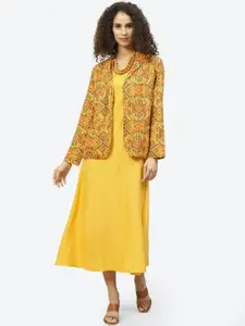 Biba Women Mustard Yellow Solid Dress With Ethnic Motifs Jacket