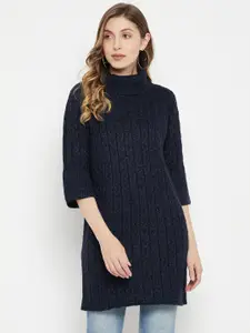 Madame Women Navy Blue Cable Knit Turtle Neck Longline Pullover