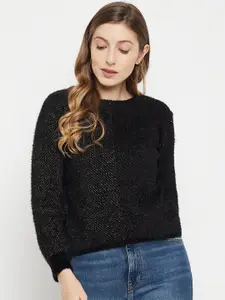 Madame Women Black Acrylic Pullover with Fuzzy Detail
