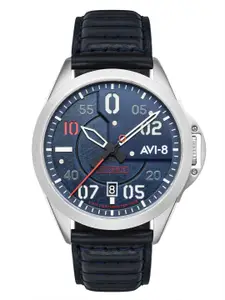 AVI-8 Men Blue Brass Printed Dial & Blue Leather Straps Analogue Watch