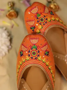 GLAM STORY Women Orange Embellished Ethnic Mojaris with Embroidered Flats