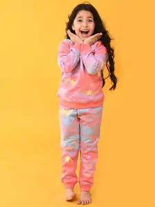 Anthrilo Girls Pink & Blue Tie & Dye Star Fleece Sweatshirt & Joggers Set