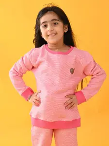 Anthrilo Girls Pink Jacquard Fleece Sweatshirt Jogger Set