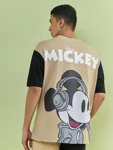 Bewakoof Men Brown Mickey Mouse Printed Drop-Shoulder Sleeves Oversized Fit Cotton T-shirt