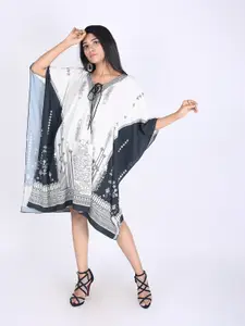 Rajoria Instyle White & Navy Blue Ethnic Motifs Tie-Up Neck Georgette Kaftan Dress