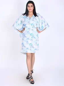 Rajoria Instyle White & Blue Floral Printed Tie-Up Neck Georgette Cover Up Dress