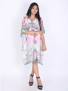 Rajoria Instyle White & Pink Ethnic Motifs Georgette Kaftan Dress