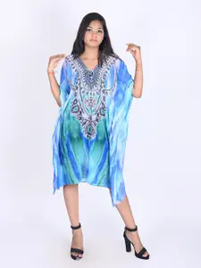 Rajoria Instyle Blue & Green Ethnic Motifs Georgette Kaftan Dress