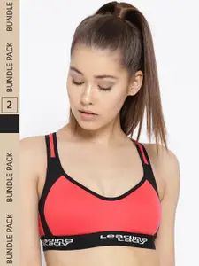 Leading Lady Pack Of 2 Coral & Black Colourblocked Cotton Sports Bra