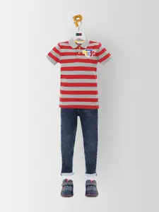 Peter England Boys Red & Grey Printed Polo Collar Applique Cotton T-shirt