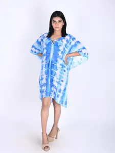 Rajoria Instyle White Tie and Dye Dyed Tie-Up Neck Georgette Ethnic Kaftan Dress