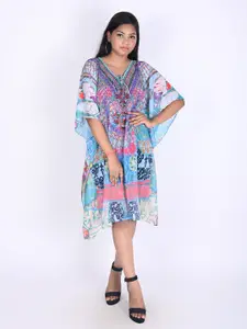 Rajoria Instyle Women Blue & Pink Floral Georgette Ethnic Kaftan Midi Digital Print Dress
