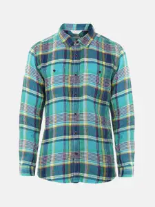 Peter England Boys Green & Blue Slim Fit Tartan Checked Pure Cotton Casual Shirt