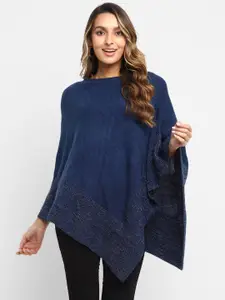 Taurus Woman Navy Blue Solid Flat Knit Acrylic Cape Top