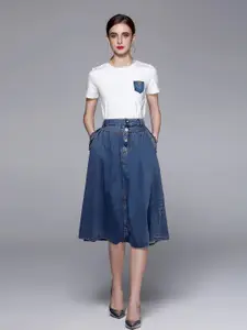 JC Collection Women Blue & White Top with Skirt Co-Ords Set