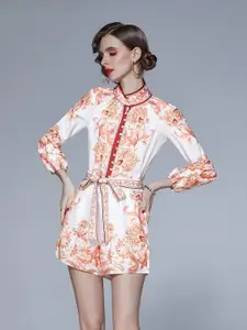 JC Collection Women White & Orange Printed Shirt with Short Co-Ords Set