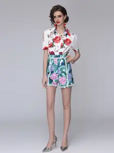 JC Collection Women White & Blue Printed Shirt with Short Co-Ords Set