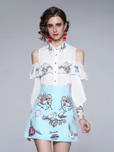 JC Collection Women White & Blue Printed Shirt with Skirt
