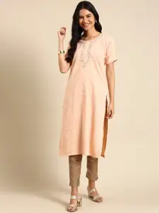 SHOWOFF Women Peach-Coloured Thread Work Kurta