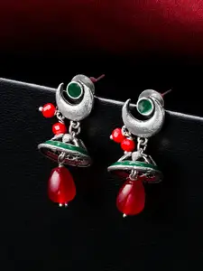 VIRAASI Women Silver-Toned & Red Contemporary Drop Earrings