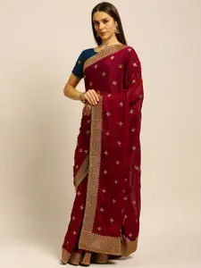 kasee Maroon & Gold-Toned Floral Embroidered Saree