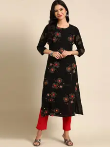 SHOWOFF Women Black & Orange Floral Printed Thread Work Block Print Cotton Kurta